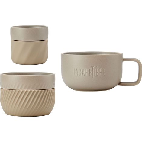 La Cafetière Set per amanti del caffè de Regalo di famiglia de 3 tazze, con tazzeTazze impilabili de 380 ml, 200 ml e 100 ml con manicotti de silicone per una facile presa, Almond