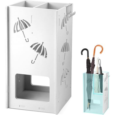 Porte Parapluie Blanc – 2 Zones Séparées, 4 Crochets, Design Ajouré Anti-Odeurs – Porte-Parapluies Rectangulaire avec Bac d’Égouttement pour Entrée, Couloir, Bureau – 25x43x15 cm (1/5)