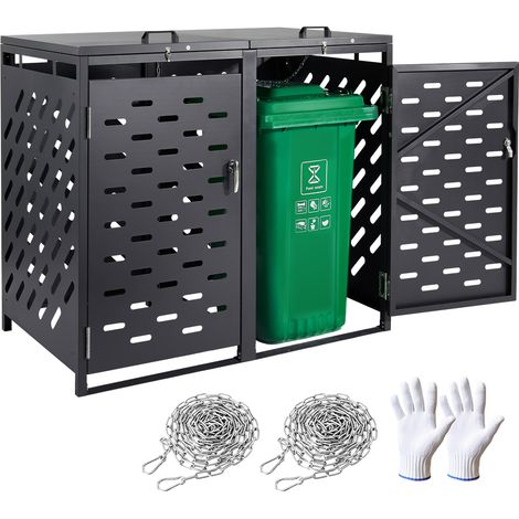 VEVOR Abri pour poubelles, 2 x 240 L, rangement pour poubelles horizontal, avec couvercle a chaine, boite de rangement a poubelles deexterieur, etanche et verrouillable, pour jardin, cour et terrasse