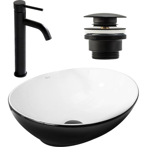 SET COUNTERTOP WASHBASIN REA SOFIA BLACK WHITE + BATHROOM FAUCET LUNGO BLACK MATT + PLUG UNIVERSAL BLACK MATT (1/5)