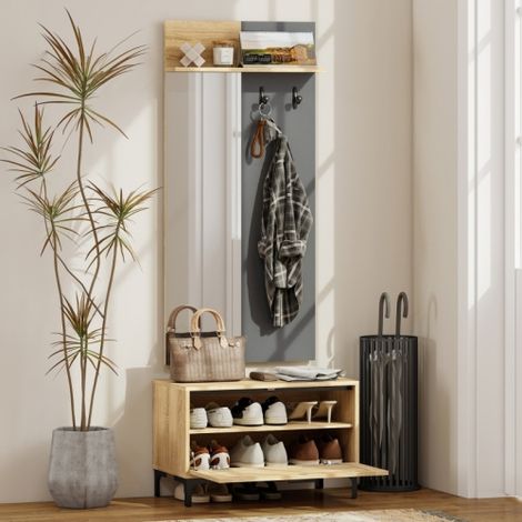 Ensemble de rangement d'entrée en bois naturel et gris, banc à chaussures, miroir, 3 crochets et étagère ouverte, design élégant multifonction pour couloir et maison (1/3)
