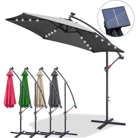 EINFEBEN Parasol Deporté Lumineux Ø350CM - 32 LED & Base en Croix - Hauteur et Angle Réglables - Système de Manivelle, Gris (1/4)