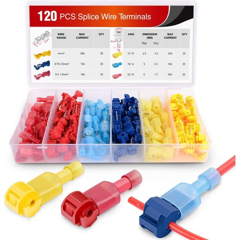 120 pezzi/60 paia di terminali per cavi a giunzione rapida T-Tap auto-spoglianti con kit di scollegamenti rapidi maschi completamente isolati in nylon