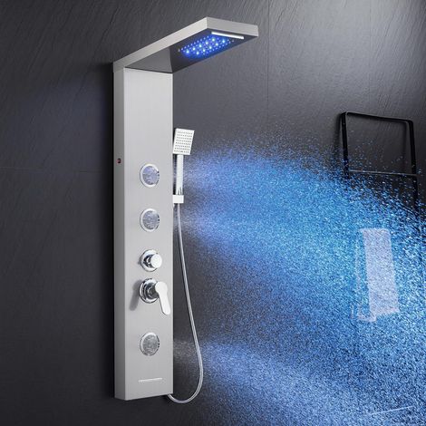 Colonne de douche LED avec mitigeur, 6 modes de douche : Pluie et cascade, 2 jets de massage du corps, pommeau et bouchon de baignoire, Colonne de douche en acier inoxydable brossé avec (1/5)