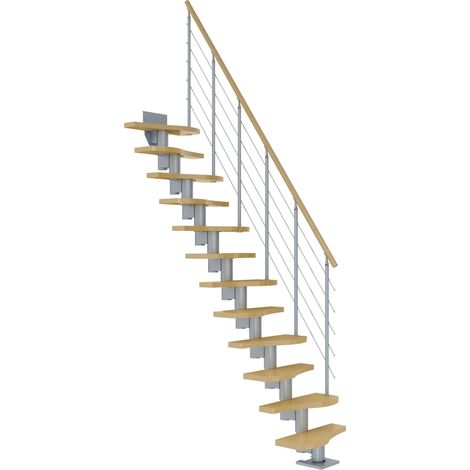 Dolle Mittelholmtreppe Basel Ahorn, lackiert 64 cm breit für Geschosshöhen 258 – 315 cm UK Metall Perlgrau inkl. einseitigem Designgeländer