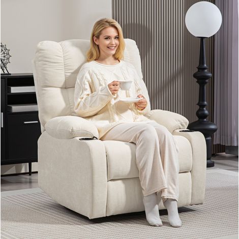 Poltrona relax 88x96x108 cm beige in poliestere con reclinazione 135°, funzione dondolo e girevole (1/4)