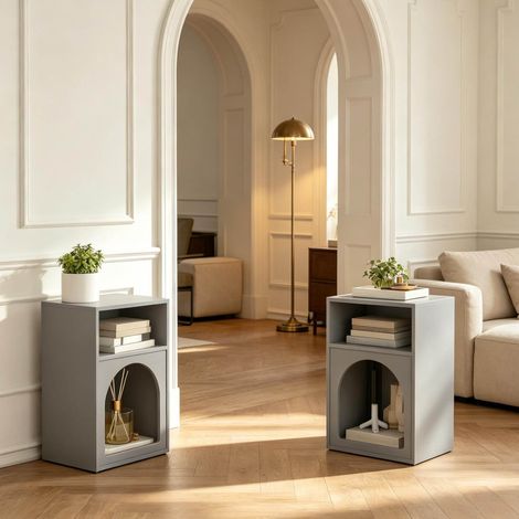 Lote de 2 mesitas de noche con nichos abiertos 40 x 30 x 60 cm MDF gris OKMYHOME (1/5)