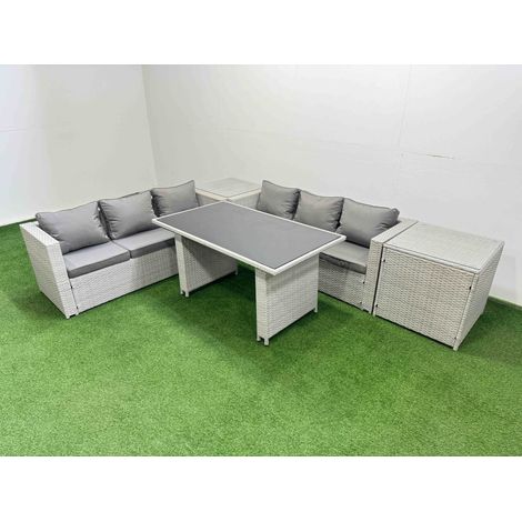 Fimous Rattan Garden Furniture Dining Set 6-seater Patio Rectangular Table Sofa Set with 2 Side Tables Light Grey (1/5)