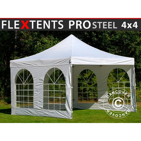 Pop up gazebo FleXtents PRO Steel Vintage Style 4x4 m White, incl. 4 sidewalls