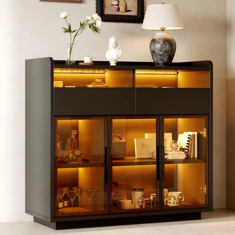 Buffet de cuisine 100x40x91.5 cm - éclairage led - grand rangement - 2 tiroirs - mdf - pour cuisine et salle à manger - meuble de rangement - noir (1/5)