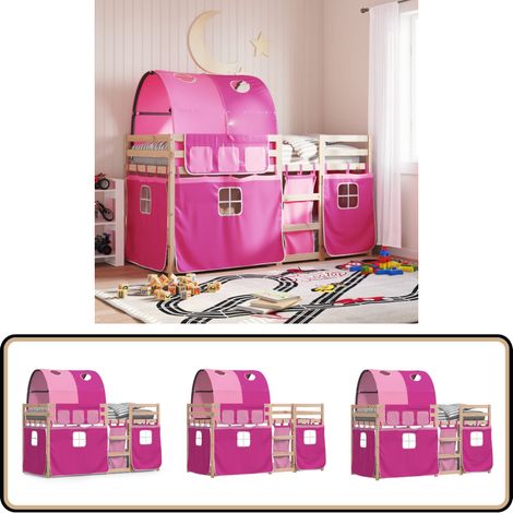 Etagenbett mit Vorhängen Rosa 90x200 cm Massivholz Kiefer - Kinderzimmermöbel - Etagenbett - Hochbett - Jugendzimmer - Holzbett