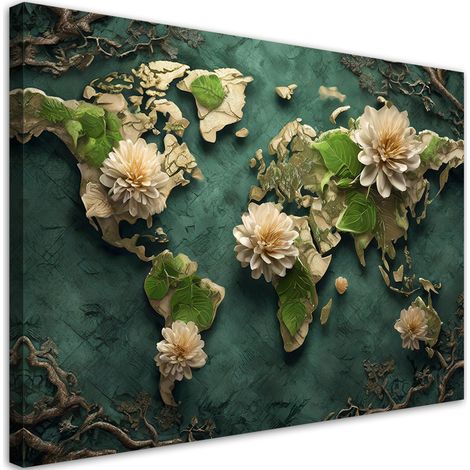 Tableau déco Fleurs Carte du Monde Blanc 100x70 (1/5)