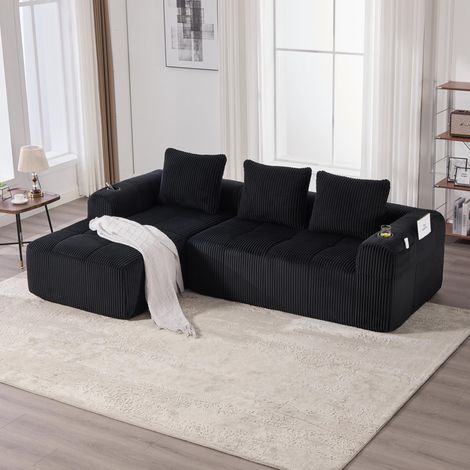 Canapé compact en velours côtelé, doux et modulable. Poche latérale, porte-gobelet, 3 coussins. Confortable, noir pour salon et bureau. (1/5)