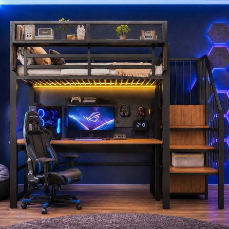 Cama alta de 90 x 200 cm - Cama infantil de metal con iluminación LED, escalera de seguridad y estanterías modulares - Negro (1/5)