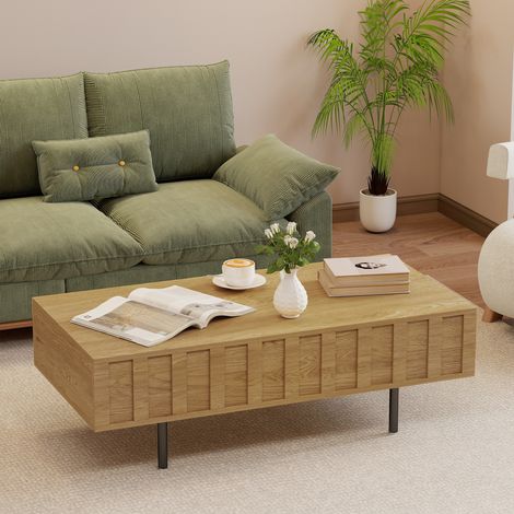 Table basse relevable pour salon avec 2 compartiments dissimulés, pieds en métal, 110 x 55 x 36,5 cm, chêne (1/5)
