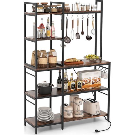 COSTWAY Étagère Bar à Café à 5 Niveaux avec 10 Crochets en Forme de ‘S’, Prises de Courant, Support pour Micro-Ondes, Etagère de Rangement, pour Salle à Manger, Cuisine, Marron Rustique (1/5)