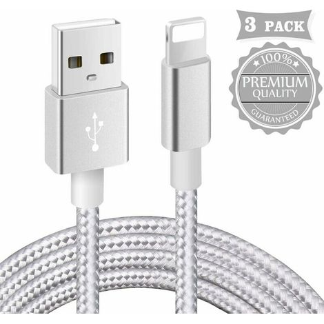 Câble PhoneCertifiéMFi3Pack 1m+2m+3m Tressé Nylon Câble pour 12/11/XS Max/XR/XS/X/ 8/7 Plus/ 6 Plus/ 6S/ 5S/ Se, Pad(Argenté)