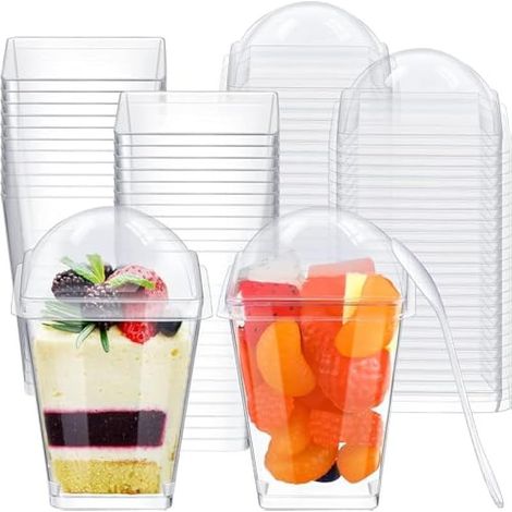 50 pièces gobelets dessert plastique avec couvercles et cuillères, 150ml carrés transparents, bols réutilisables pour pudding mousse fête (7,5cm x 5,5cm) (1/5)
