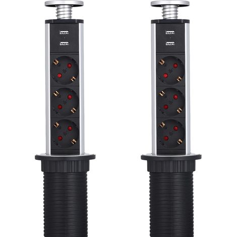 Lot de 2 prises escamotables avec 2 ports USB, 3 prises, câble de 1,8 m, pour cuisine, plan de travail, bureau, diamètre 60 mm, argent (1/5)