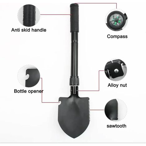 Pelle d'ingénieur pliable et portable pour camion, utilisable en camping, avec tente, outil de survie et d'autodéfense, et sac de rangement pour boussole.