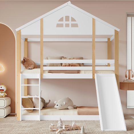 Lit superposé enfant 90x200 cm blanc/naturel,fenêtres,échelle 3 marches,toboggan,clôtures sécurité,cadre bois massif,ludique