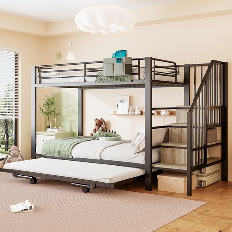 Letto a castello 90 x 200 cm con letto estraibile, scala contenitore e tasca, nero OKMYHOME (1/5)