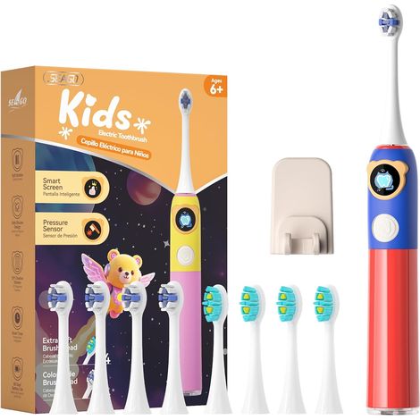 Brosse à dents électrique enfant dès 6 ans écran LCD capteur pression minuteur 2min autonomie 80j 3 modes 8 têtes autocollants personnalisables Rouge (1/5)