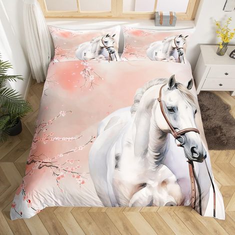 Housse de Couette 140x200 Cheval Aquarelle avec 1 Taie d'oreiller, Parure de Lit Style Japonais, Sets de Housses de Couettes Fleurs de Cerisier Rose pour Fille Femme, Couvre Lit Pastel - 140x200cm + 1 (1/5)