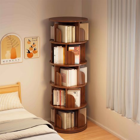 Bibliothèque tournante à 5 étagères, meuble à livres pivotant à 360° pour petits espaces, gain de place, tour de rangement en noyer pour chambre, salon, maison et bureau. (1/5)