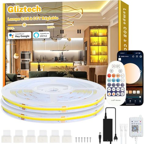 20M Ruban Led Blanc Chaud COB, 3000k à 6500k Bande Lumineuse Led Ultra Lumineux à Intensité Variable, Lumiere Led Cob avec Télécommande et Application Pour Meuble Cuisine Chambre (1/5)
