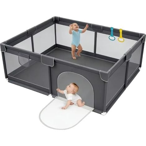 Parc pour bébé, Design en maille respirante, Aire de jeu sécurisée, Porte simple grise (1/2)