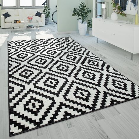 Paco Home Teppich Wohnzimmer Kurzflor Boho Ethno Muster Modern Schwarz Weiß 70x140 cm
