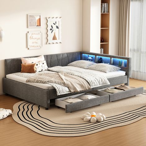 MEUBLIV Bett 140x200 cm Grau – LED, USB+Typ C und Stauraum, ohne Matratze (1/5)