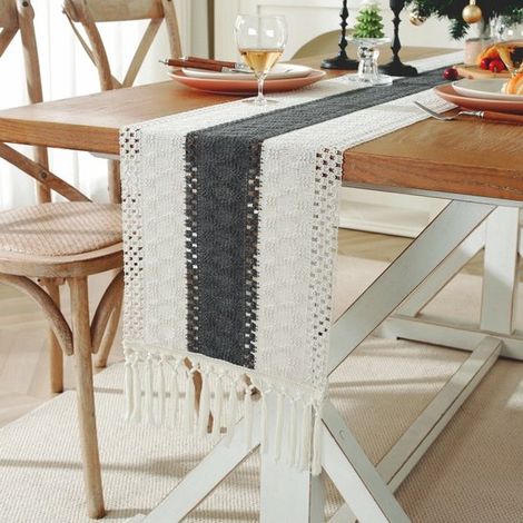 Runner da tavola bicolore, cucito in cotone e lino, 30 x 220 cm, runner da tavola neutro in stile bohémien, decorazione tessuta per tavoli in stile country. (1/5)