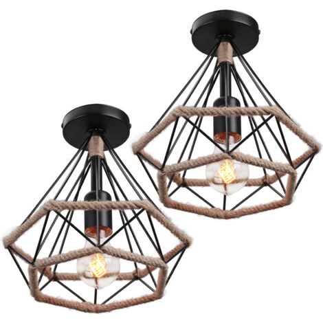 royaluxe- 2X Lampe De Plafond En Corde De Chanvre Luminaire Plafonnier Rétro Plafonnier Diamant Noire Pour Bureau, Couloir, Restaurant, Loft, Bar, Café, 25CM (1/5)