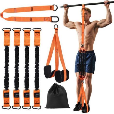 Bandes D'assistance Pour Tractions - 4 Bandes Haute Résistance 34 kg Chacune - Repose-Pieds Double En Tissu - Réglable Avec Boucles Métalliques - Lot De 1 (1/4)