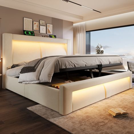 REDOM Cama doble 140x200 cm con almacenamiento, LED, puertos USB y Type C, cabecero curvo, terciopelo beige (Sans matelas)