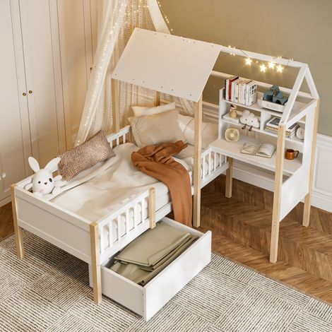 Cama casita infantil 90x200 cm de madera blanca, ahorra espacio, sin colchón FloraGrace (1/5)