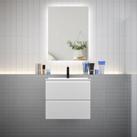 Meuble de salle de bain à deux tiroirs avec lavabo et miroir LED antibuée - blanc L.60cm suspendu