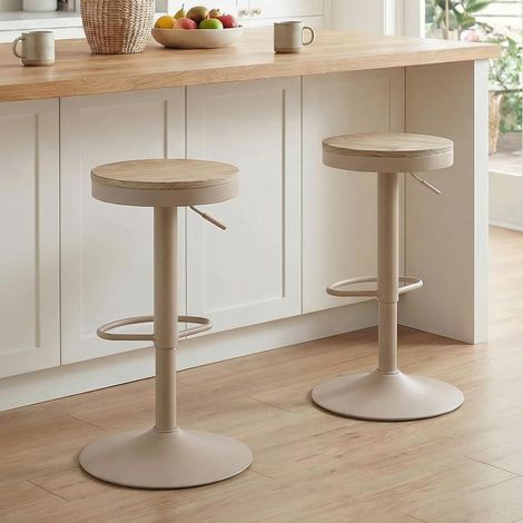Lot de 2 Tabourets de Bar Kaki en Bois Massif, Tabouret de Bar Réglable en Hauteur, Pivotant 360°, Style Industriel, Tabouret Bar sans Dossier pour Îlot Cuisine (1/5)