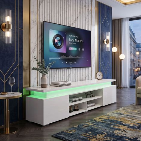 Creahappy Meuble TV LED 180x35x42 cm - Rangement Multimédia avec Prises Intégrées - Design Épuré Contemporain - Blanc (1/5)
