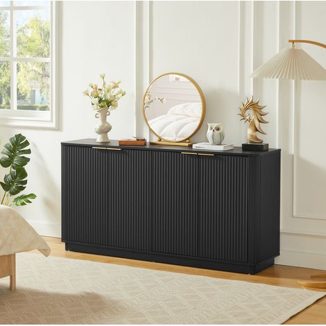 Sideboard 160x40x80 cm Schwarz MDF mit Stauraum, 4 Türen und welliger Oberfläche (1/5)