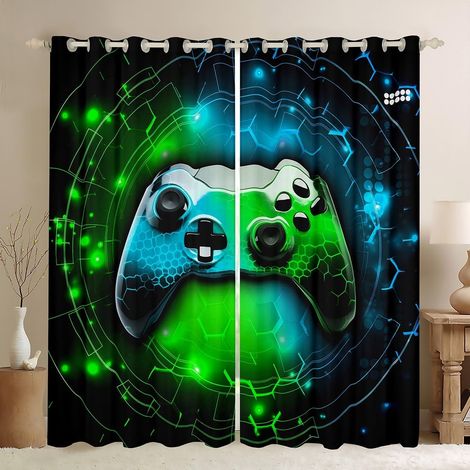 Rideau de console de jeux pour chambre à coucher, jeux vidéo impression manette de jeu rideau pour filles adolescents, vert bleu néon décor nid d'abeille microfibre traitement de fenêtre - 245x140cm ( (1/5)
