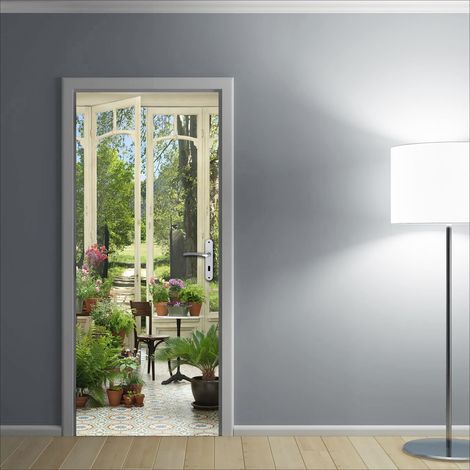 Sticker mural décoratif - Photo d'un jardin d'hiver avec une porte donnant sur une prairie - 175 cm X 60 cm (1/2)