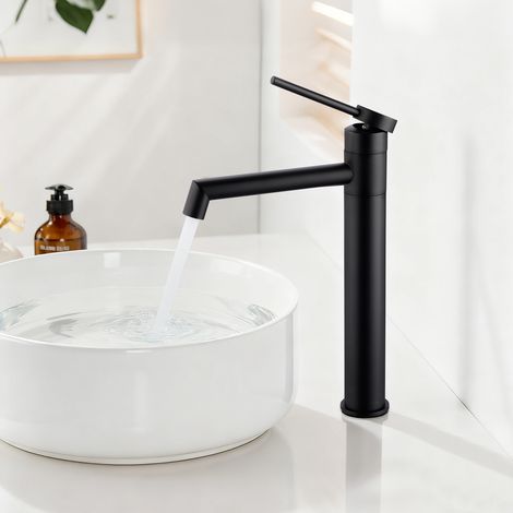 Oraymin – Mitigeur de Lavabo Haut Noir Mat avec Bec Pivotant 360° - En Acier Inoxydable 304 - Robinet de Salle de Bain pour Vasque à poser - Mélangeur Eau Chaude et Froide (1/5)