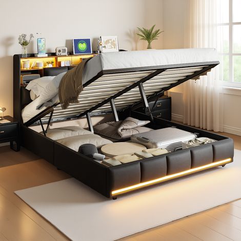 Polsterbett Doppelbett 160x200 cm mit hydraulischem Stauraum,  Modernes Jugendbett mit LED-Beleuchtung und USB, Bettgestell mit Kopfteil und Lattenrost, PU Schwarz, Ohne Matratze