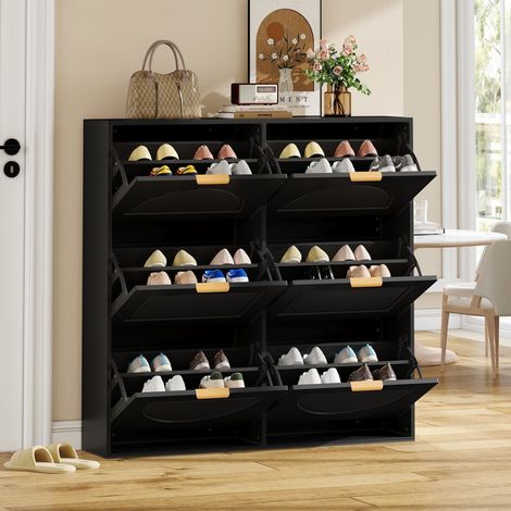 Meuble à chaussures moderne noir 118x25x115 cm, 6 compartiments abattants et étagères ouvertes. Idéal pour entrée/couloir (1/5)
