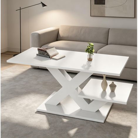 Table Basse Rectangulaire avec Double Plateau et Pieds en X, Laqué Brillant, pour Salon, MDF, Blanc, 100 × 48 × 45 cm (1/5)