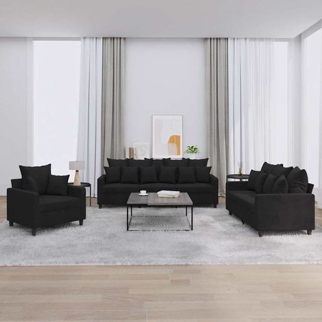 Ensemble de canapés 3 pièces avec coussins, velours noir, fauteuil et canapés 2/3 places - PANGIVO (1/5)