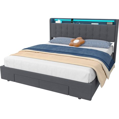 Lit 180x200 cm velours gris foncé avec rangement caché, 2 tiroirs, USB et lumière d'ambiance, capacité 200 kg – de CHICFURN (1/5)